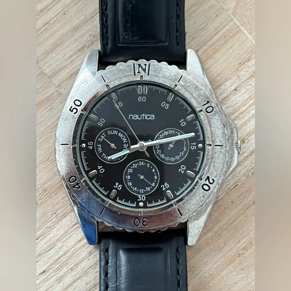 Nautica Vintage Chronograph Style Men’s Watch Black Dial Black Leather Strap